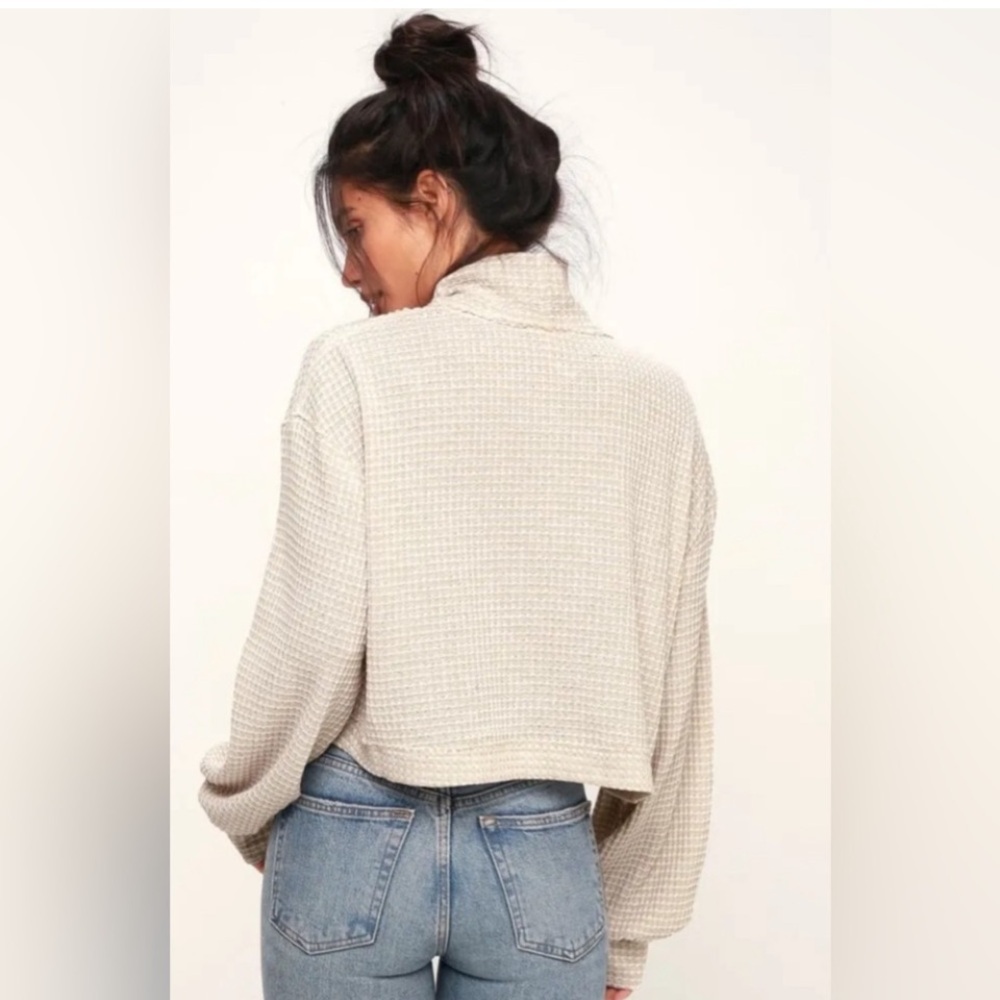 Free People Cropped Cream Waffle Knit Turtleneck Lightweight Sweater